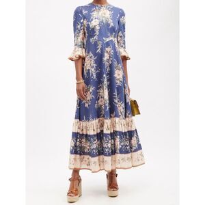 Zimmermann Floral Linen Maxi Moonshine Dress Bell Sleeve Ruffle Hem Size 0